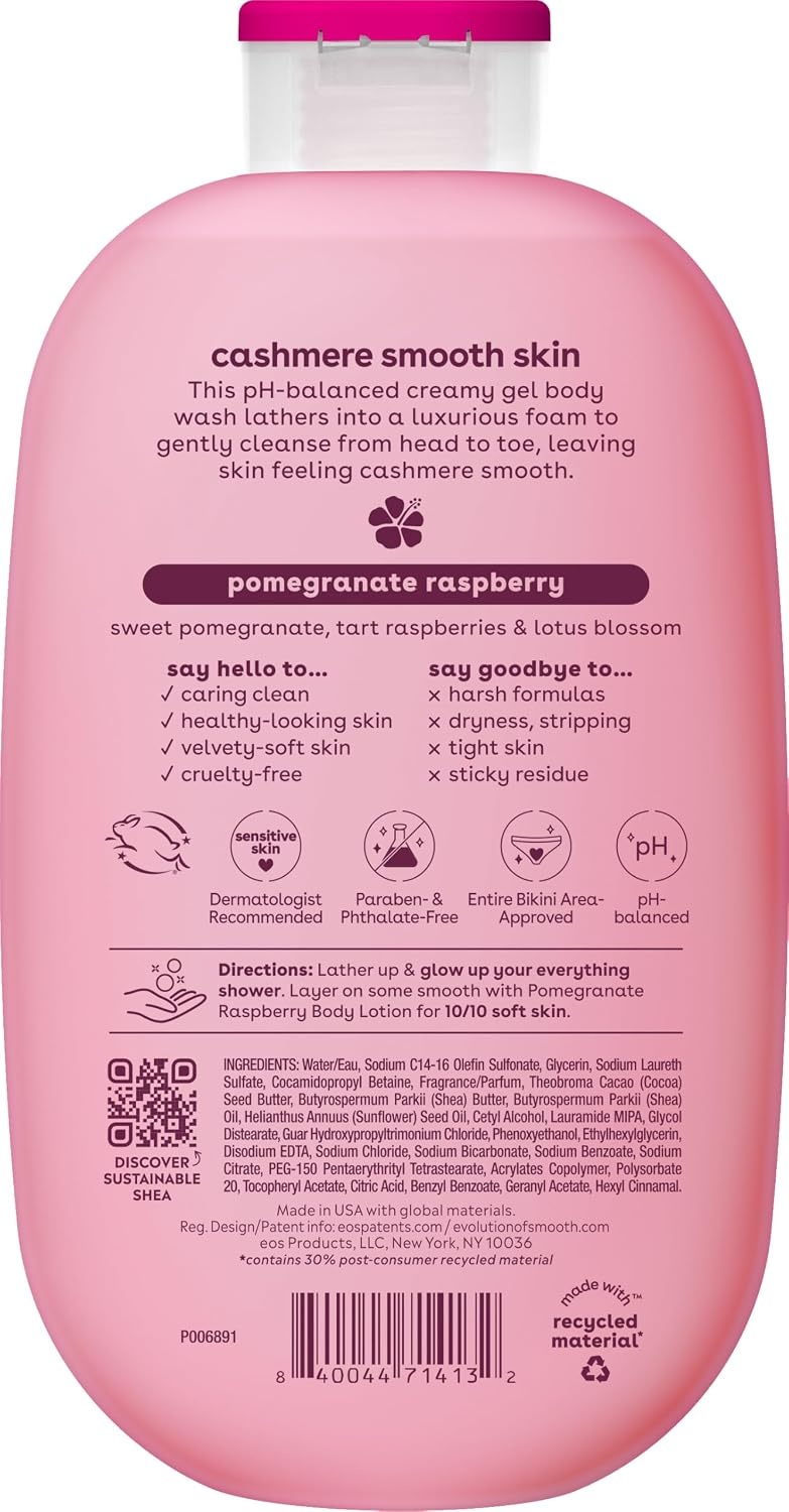 image:imageeos Cashmere Body Wash Jasmine Peach Moisturizing Body Wash Creamy Gel Formula with Shea Butter Glycerin Vitamin E pH Balanced Sensitive Skin Vegan 16 fl ozPomegranate Raspberry